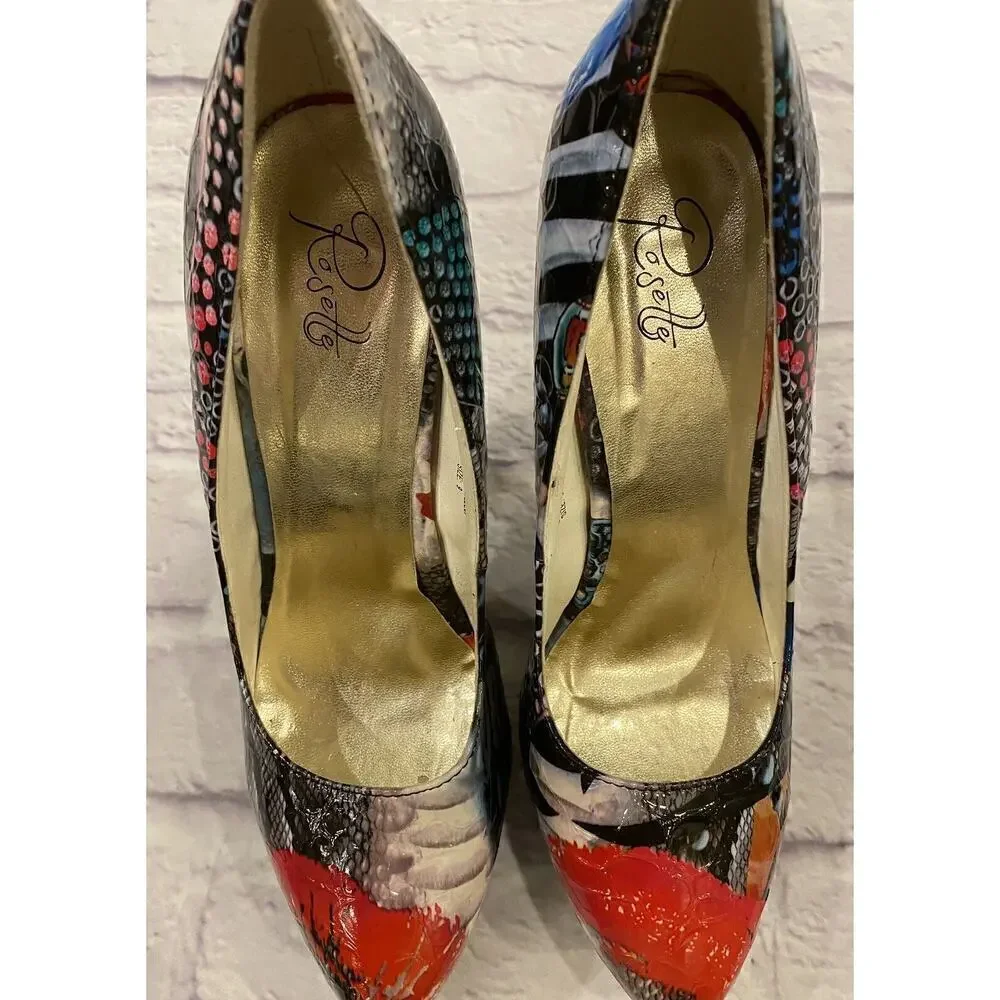 Rosette Artsy Platform Heels Women’s Size 9 Rave Dance Lips Party Disco Retro